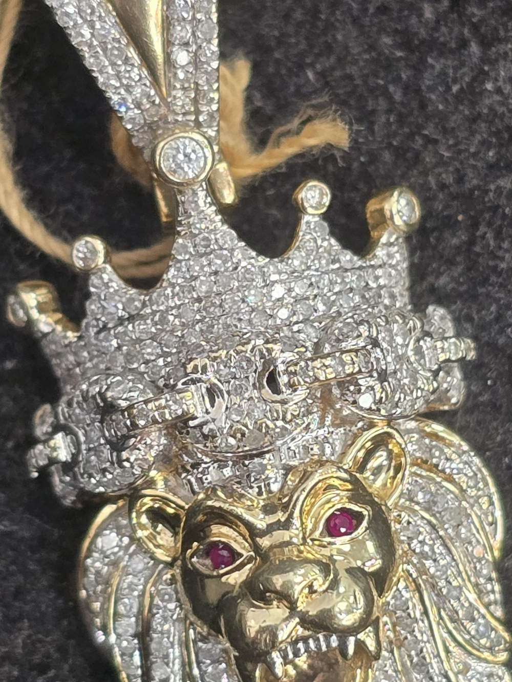 Gold Lion Crown Pendant Necklace with White Pavé and Ruby Eyes